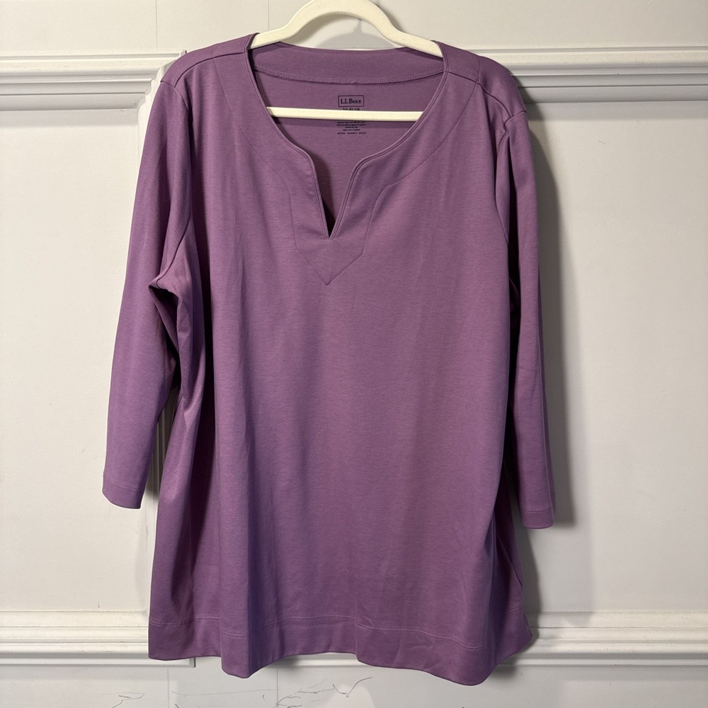 LLBean 100% Supima Cotton Lavender Purple 3/4 Sleeve V-neck Top Womens 2XPlus